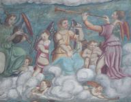 Affresco della cattedrale di Aosta con angelo cornamusiere