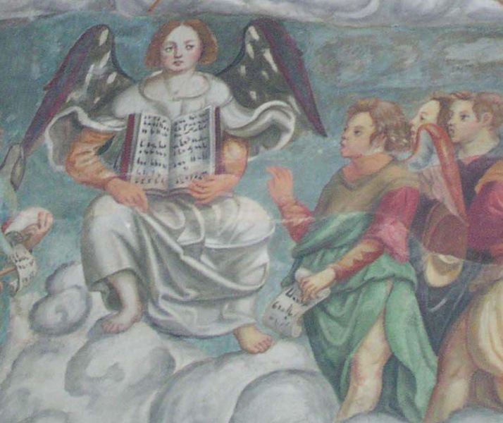 Fresque sur le portail de la cathédrale d'Aoste (XVI sec.) Avec les anges musicale dans images sacrée